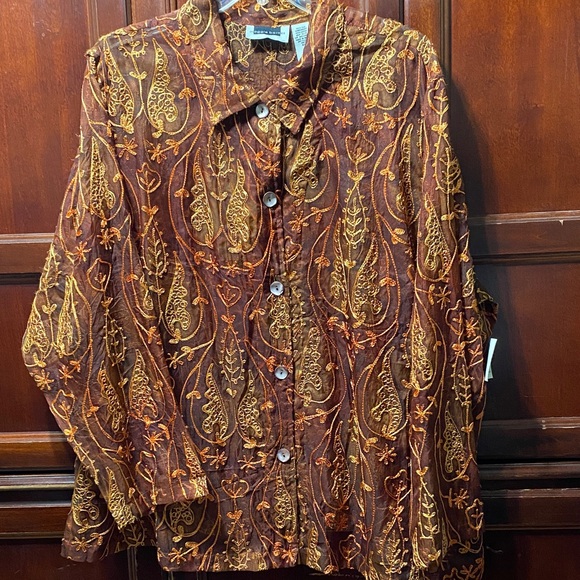 Maggie Barnes Brown orange  and Gold Embroidered 100% silk size 4X big shirt - Picture 1 of 16
